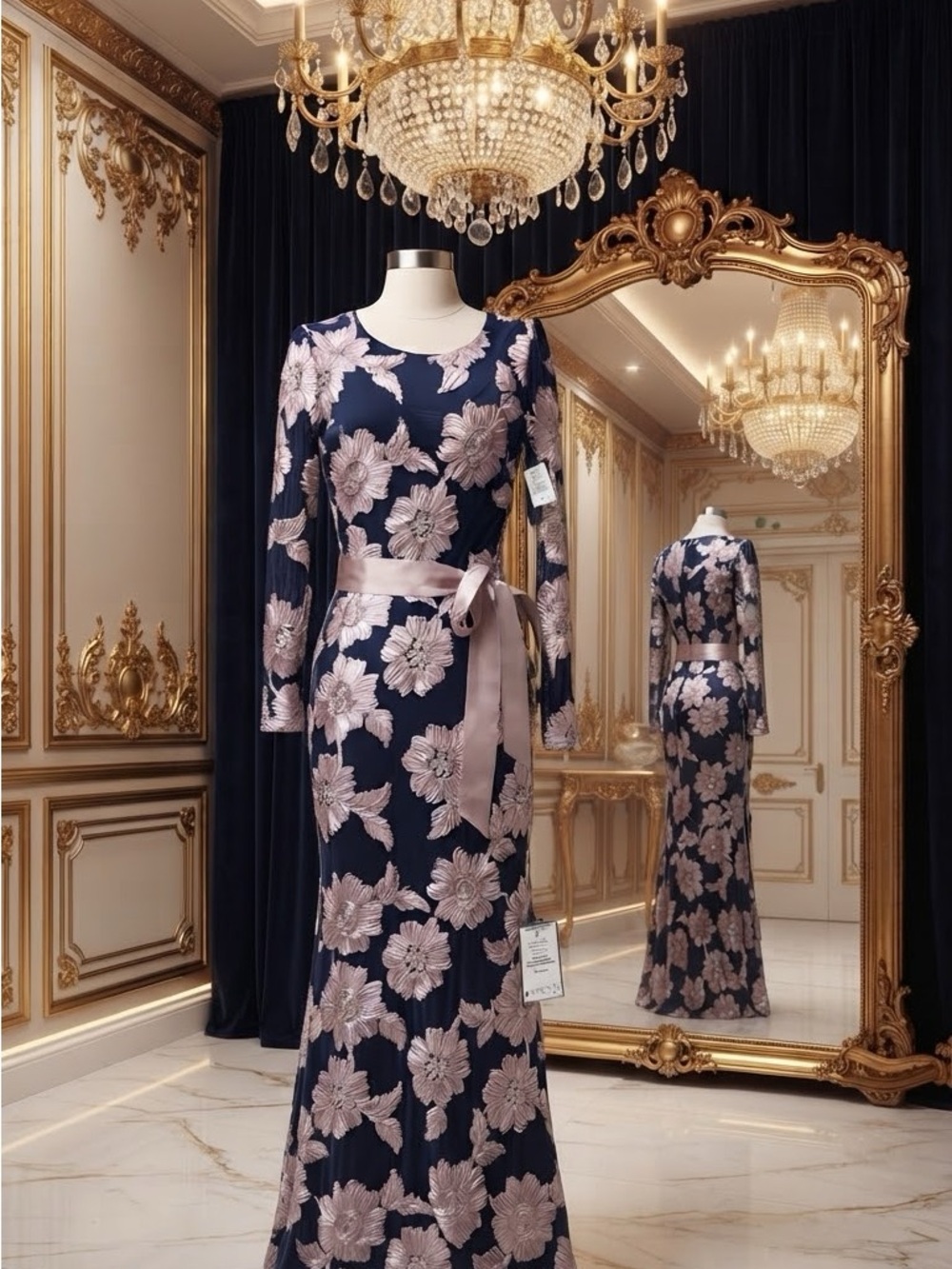 Betsy & Adam Navy Gown with Blush Floral Appliqué and Sash